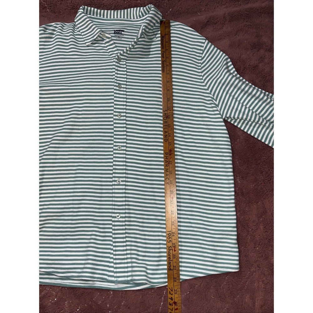 Preppy Lands End Shirt XL Green White Stripe Knit Button Up Long Sleeve Casual - Picture 13 of 15